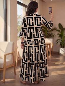 Auveirra Plus Size Women's Geometric Print V-Neck 3/4 Sleeve Ruffle Hem Loose Fit Dress - Multicolor - View 2