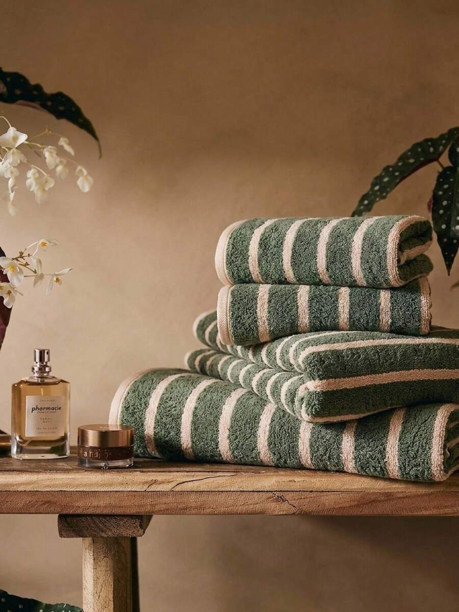 Cirelle 1pc/3pcs Ultra Soft Microfiber Bath Towel, Super Absorbent Quick Dry Striped Bath Towels, Thick Plush Polyester Face Hand Towels For Bathroom, Gym, Hotel, Home Decor - Dark Green - View 1