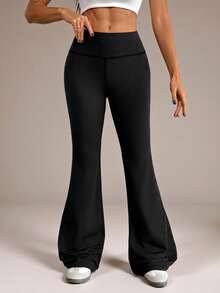 SHEIN Tall Women's Solid Color Slim Fit Versatile Daily Wear Flare Pants - Black - View 4