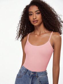 SHEIN BASICS 1件女款純色修身休閒細肩帶背心上衣 白色上衣 - 粉色 - 查看 3