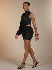 Hauture Gaun Mini Satu Bahu Lembut dengan Lipatan, Hitam, Musim Gugur, Elegan, Seksi dan Chic, Gaun Pesta Koktail dengan Lengan Berlebih dan Bahan yang Mengalir - Aprikot - View 4
