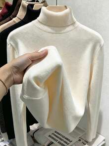 SHEIN Franclia Cream White Fine Brushed Fabric Vertical Stripe Ruched High Neck Double Shoulder Symmetrical Shoulder Strap 3-Piece Carved Rhinestone Metal Button Fitted Long Sleeve Versatile Base Layer T-Shirt - Apricot - View 2