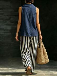 Linhara CURVE Plus Size Vacation Casual Sailor Tank Top Striped Pants 2 Pieces Set Brunch Formal Navy Blue Summer - Blue and White - View 2