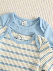 Unisex Newborn Baby Boy/Girl, 3sets Autumn/Winter Casual Cute Dinosaur Pattern Blue Tone Romper Set, Baby Winter Clothes/Bodysuit Set, Halloween Pcs - Blue - View 5