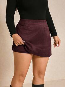 Elaquor Plus Size Elegant Commuter Solid Color Skirt Fall - Burgundy - View 1