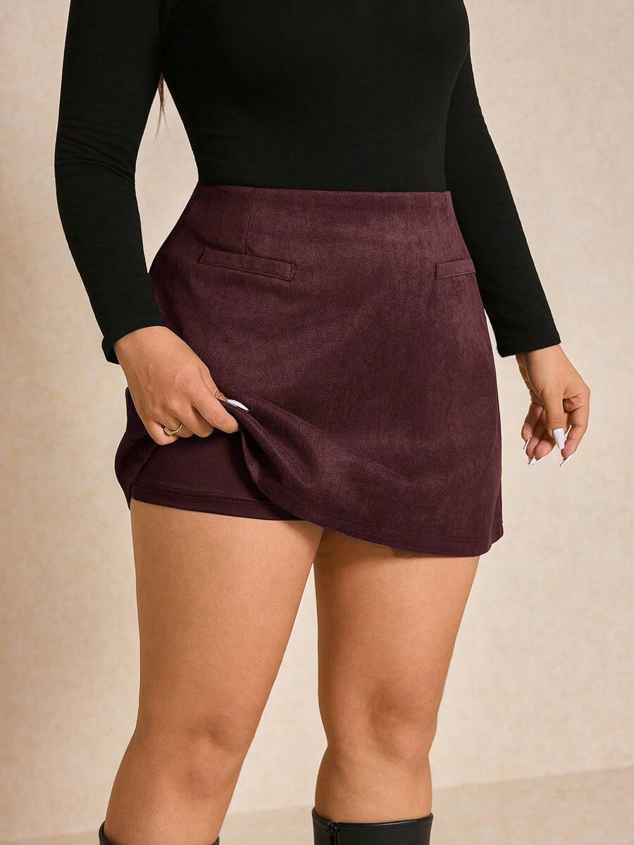 Elaquor Plus Size Elegant Commuter Solid Color Skirt Fall - Burgundy - View 1