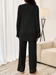Slowluna Maternity Solid Color Contrast Lace Long Sleeve Robe, Camisole And Pants Set Fall - Black - View 2