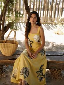 Anewsta Elegant Floral Print Spaghetti Strap Dress For Women - Yellow - View 7