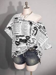 SHEIN ICON 大尺碼嘻哈時尚不對稱肩字母印花T恤 - 白色 - 查看 9