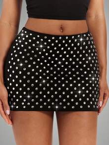 Radiana Women's Rhinestone Decorated Fitted Mini Skirt Shorts - Black - View 9