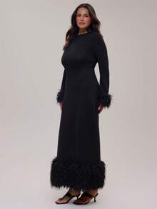 MUSERA Plus Size Black Frill Detail Long Sleeve Maxi Dress Winter Fall Going Out Womens Outfit - Black - View 2
