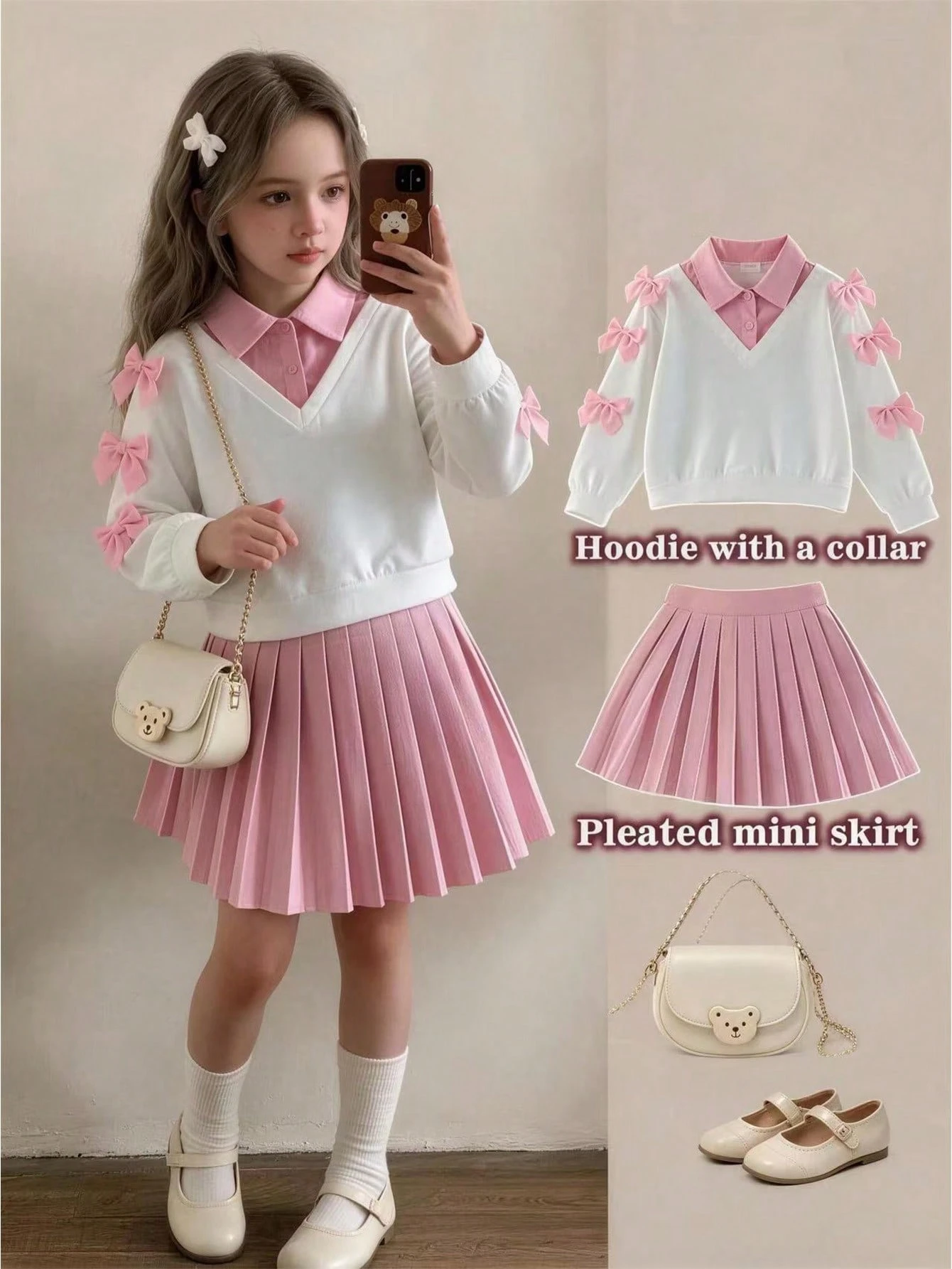SHEIN Elladie kids مجموعة سويت شيرت للفتيات المراهقات، وردي، هودي + بنطال رياضي 2 قطعة، قصة فضفاضة، دافئ للخريف/الشتاء، عصري ومتعدد الاستخدامات، خريف، كاجوال، ياقة، رقبة مستديرة، خريف، طباعة، طباعة حروف، فيونكة، صوف