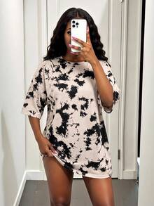 BamGleam Tie Dye Drop Shoulder Tee Dress - Black and White - View 7