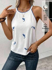 SHEIN LUNE 95%棉女款刺繡蕾絲鯨魚休閒修身掛脖背心 - 白色 - 查看 4
