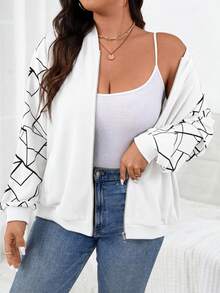 SHEIN Essnce Plus Size Autumn Casual Printed Patchwork Jacket Fall - White - View 6