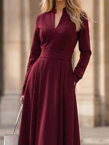 Editum Gaun Elegan, Gaya Hepburn, Leher V Kecil, Rok Mengembang Bervolume, Detail Kerut, Gaya Prancis, Musim Gugur/Pernikahan/Kantor - Burgundy - View 5
