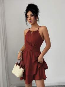 Elenzga Women's Spring/Summer Elegant Khaki Beaded Bow Tie Sleeveless Fitted Flared Mini Dress - Burnt Orange - View 5