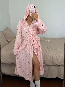 SHEIN Women's Winter Plush Pink Plaid Cherry Print Hooded Robe - Pink - View 5