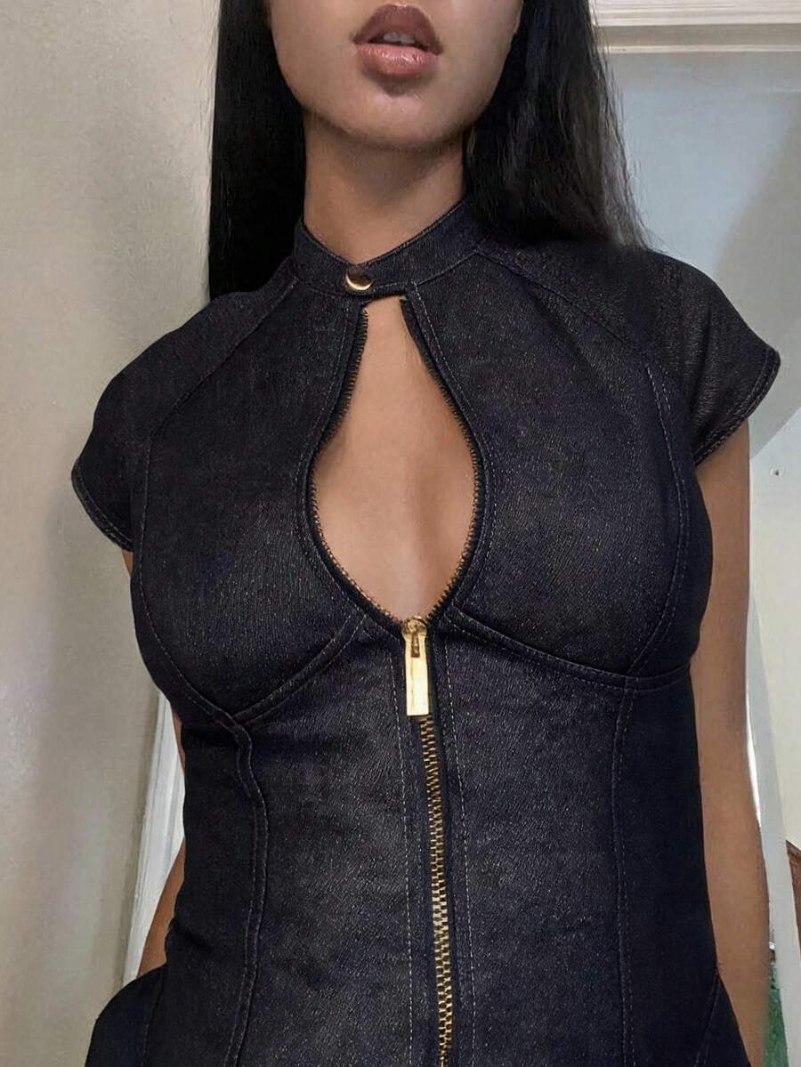 SHEIN BAE Women'S Fashion Versatile Button & Zipper Waist-Cinching Denim Top Going Out Tops Autumn Outfit - Black - View 1