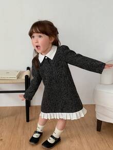 DAZY Infant/Toddler (Girl) Contrast Color Patchwork Short Sleeve Dress With Collar - Grey - View 3