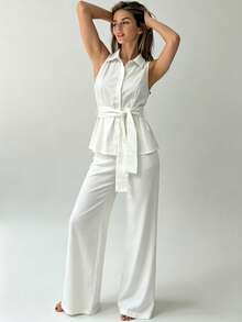 Livesso Women's Sleeveless V-Neck Belted Top And Loose Long Pants Denim Set - White - View 8