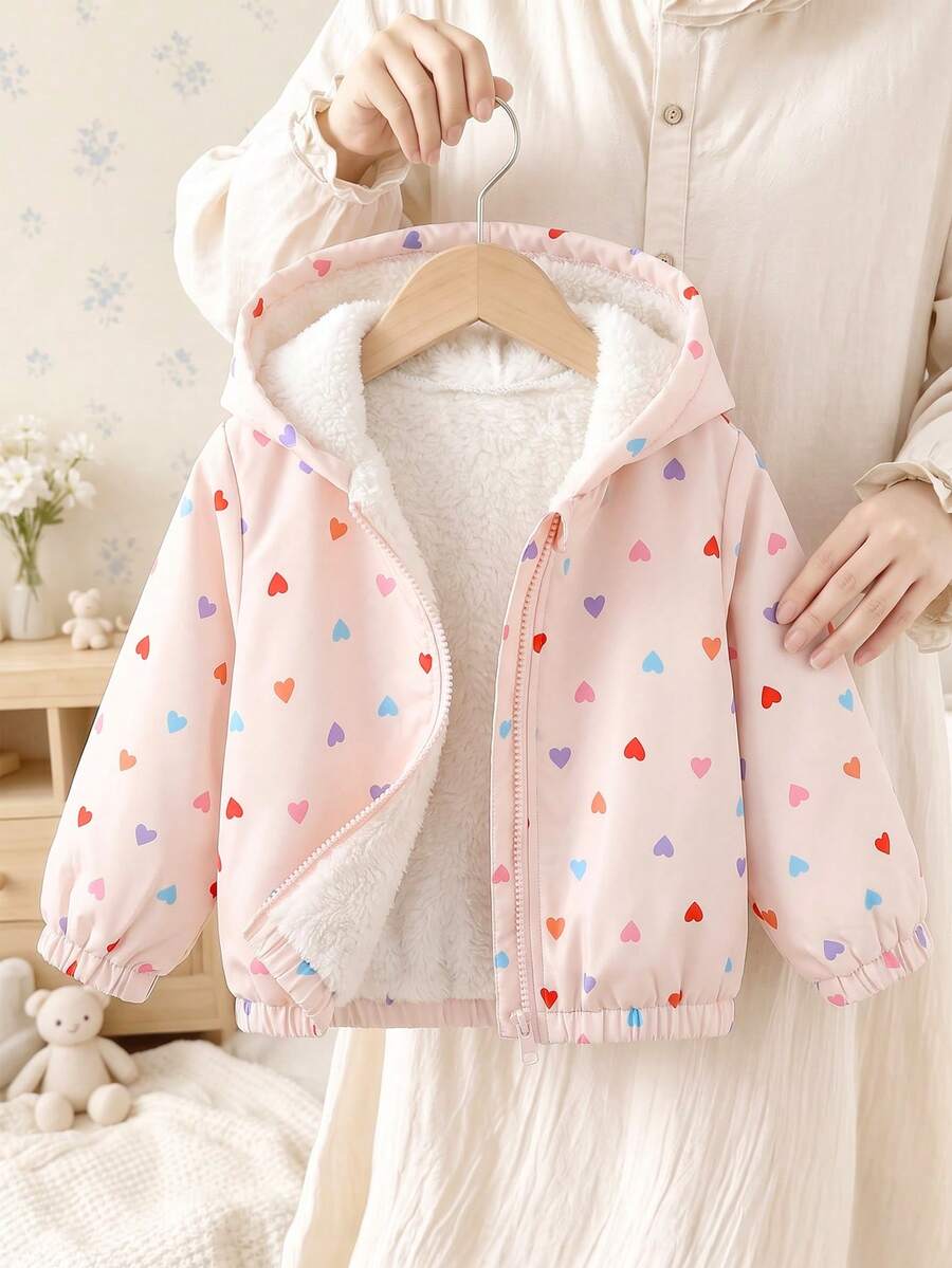 SHEIN 1件女嬰熱情粉心形印花可愛休閒保暖內裡加厚連帽長袖收口毛絨拉鍊外套上衣，適合秋冬
