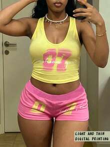 Maweii Plus Size Women Sexy Holiday Yellow & Pink Letter Print Low Neck Camisole And Matching Shorts 2 Pieces Set - Multicolor - View 1
