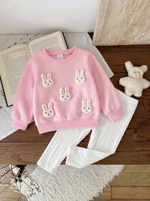 SHEIN Playful Pals 嬰兒幼兒秋冬套裝，女嬰可愛3D白兔粉色衛衣搭配親膚柔軟白色長褲套裝 - 粉色 - 查看 5