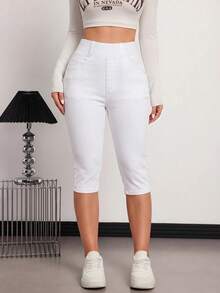 SHEIN Tall 女款休閒百搭純色修身短版牛仔褲 - 白色 - 查看 4