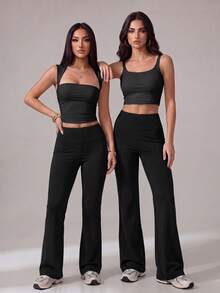 SHEIN Tall Women's Solid Color Slim Fit Versatile Daily Wear Flare Pants - Black - View 15
