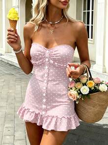 Cévolie Bandeau Polka Dot Print Front Button Decor Ruffle Hem Patchwork Fitted Women's Mini Dress - Pink - View 1