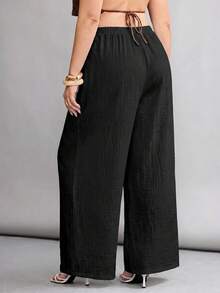 SHEIN PETITE CURVE 大尺碼全鬆緊腰休閒長褲 - 黑色 - 查看 2