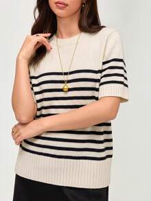 SHEIN Orluneo 新款春夏韩版休闲宽松个性条纹撞色针织女式上衣 - 杏色 - 查看 4