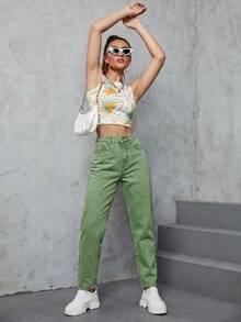 SHEIN ICON 休閒水洗高腰錐形牛仔褲 - 軍綠色 - 查看 6