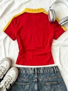 SHEIN EZwear Women's Summer Casual Athleisure Colorblock Patchwork Letter Print T-Shirt Travel Vacation Red And Yellow - Multicolor - View 2