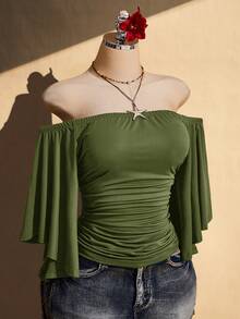 SHEIN ICON 女款大尺碼抓褶修身露肩上衣 - 軍綠色 - 查看 5