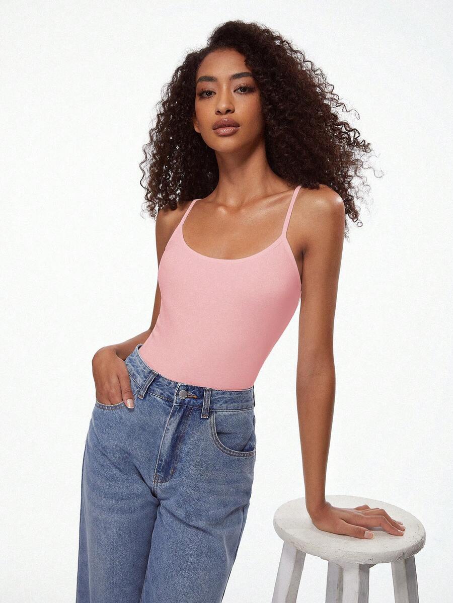 SHEIN BASICS 1件女款純色修身休閒細肩帶背心上衣 白色上衣 - 粉色 - 查看 1