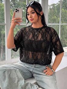 SHEIN EZwear 大尺碼女款刺繡優雅透視T恤，適合度假與派對 - 棕色 - 查看 4
