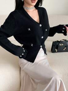 Feyla Women's Elegant Beaded Cardigan, Autumn/Winter - Black - View 5