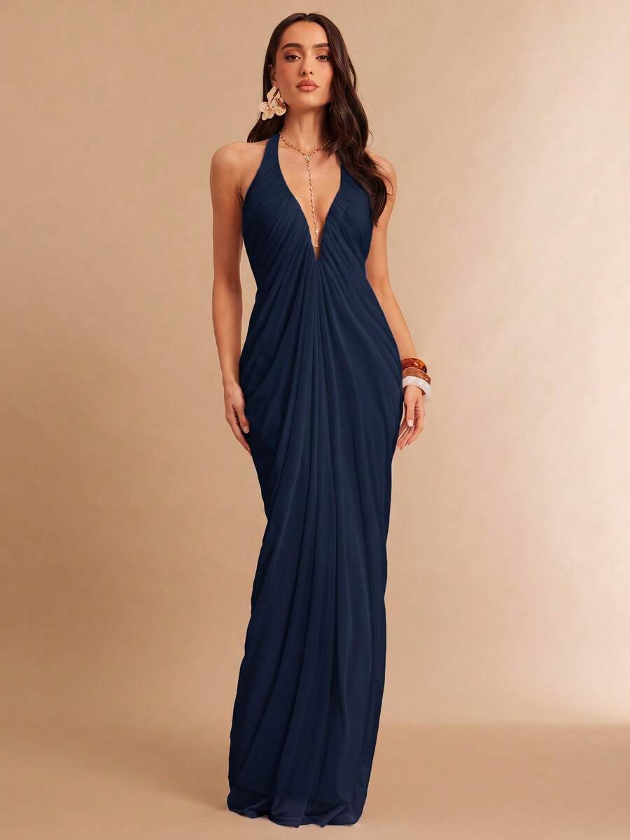 Silquee Women's Mesh Loose Elegant Sexy Party Dinner Wedding Dress Navy Blue Summer - Navy Blue - View 1