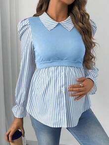 SHEIN 孕婦哺乳功能鈕扣條紋拼接時尚上衣 秋季 - 藍色 - 查看 5