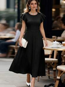 Editum Women's Solid Color Round Neck Ruffle Sleeve Elegant Mid-Length Dress - Black - View 1