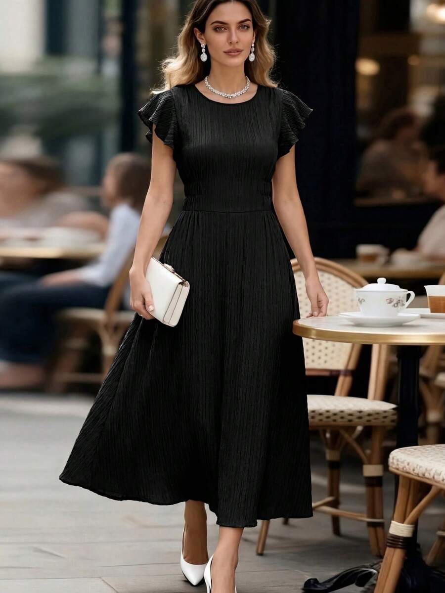Editum Women's Solid Color Round Neck Ruffle Sleeve Elegant Mid-Length Dress - Black - View 1