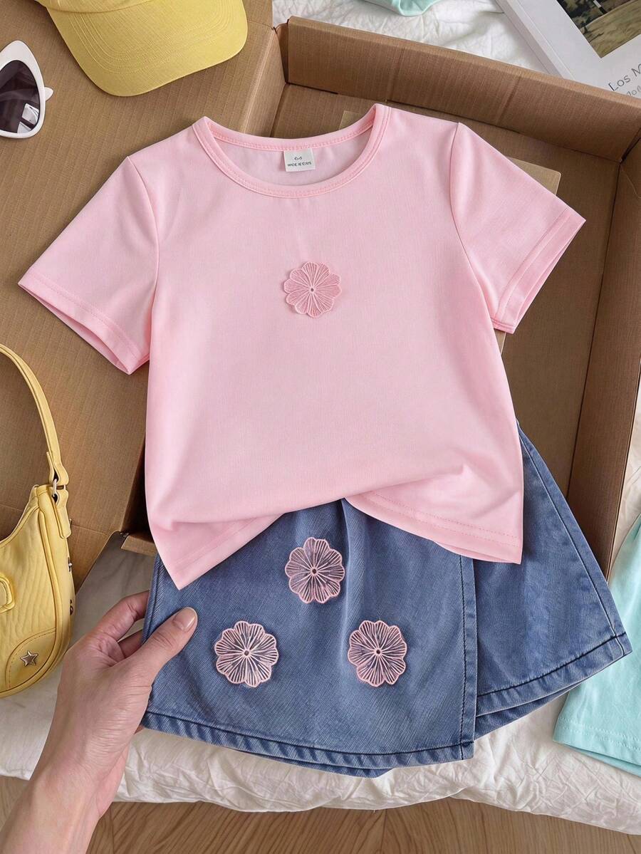 SHEIN Playful Pals 女童休閒可愛圓領標準肩寬彩色波點彩虹印花T恤與純色牛仔裙套裝，夏季返校穿搭