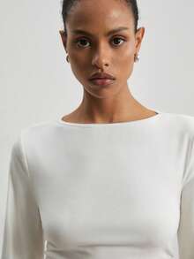ATUI Studio Women's Tencel Wool Blend Bell Sleeve Knitted Ruched Waist T-Shirt With Asymmetric Hem - White - View 5