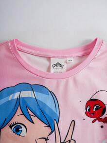 Miraculous Ladybug X SHEIN Tween Girls Cartoon Print Crew Neck Short Sleeve Casual Comfortable Pajama Set - Pink - View 3