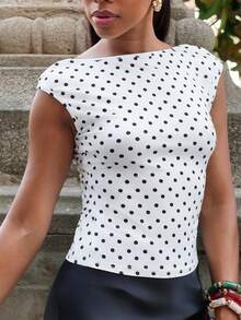 Yess Loren 女款 Y2K 優雅復古波點印花露背 T 恤，適合派對、外出、法式度假，夏季休閒白色上衣 - 白色 - 查看 6