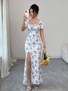 Rafferiza 女款夏季短袖長洋裝 數位印花度假洋裝 海灘度假洋裝 下擺開衩 腰部抓褶長洋裝 - 藍色 - 查看 1