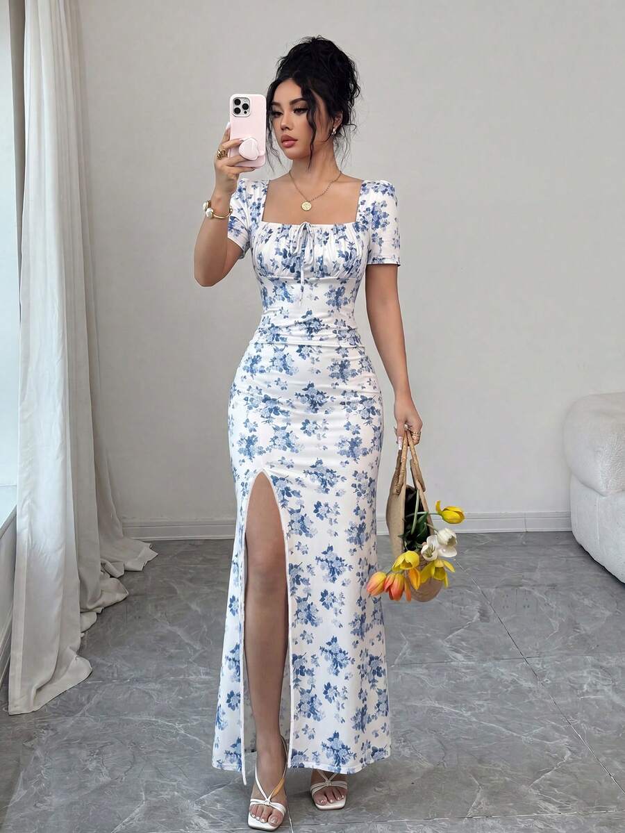 Rafferiza 女款夏季短袖長洋裝 數位印花度假洋裝 海灘度假洋裝 下擺開衩 腰部抓褶長洋裝 - 藍色 - 查看 1