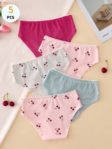 5pcs Fresh Contrast Color Cherry Print Girls Panties Set - Multicolor - View 2